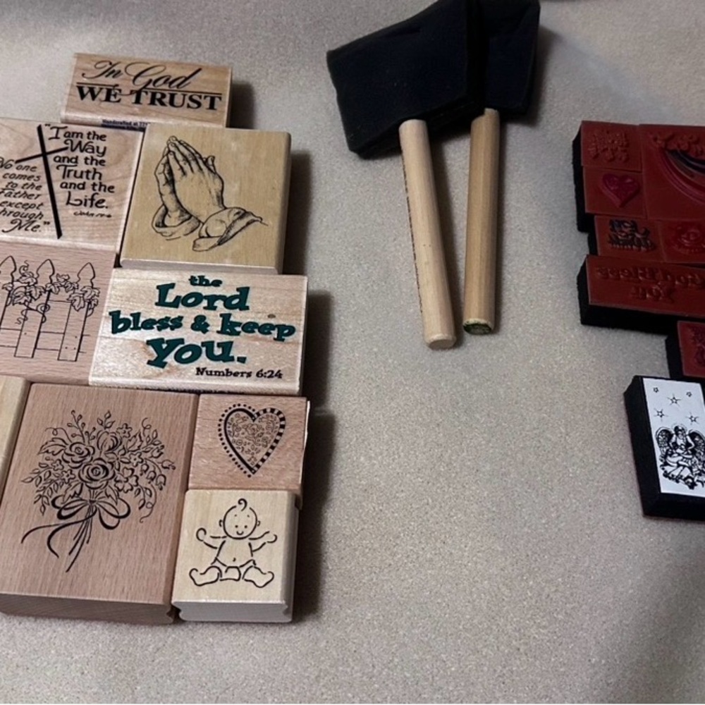 #1386 Rubber Stamp Set with Wooden Handles, some religious.